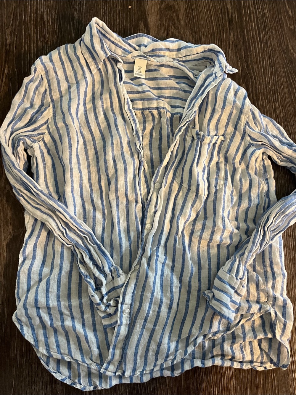 H&M Blue and White Striped Linen-Blend Button-Up Blouse